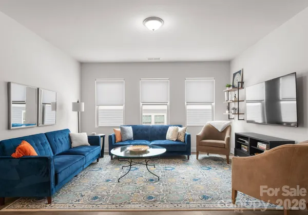 a living room with furniture a rug and a window