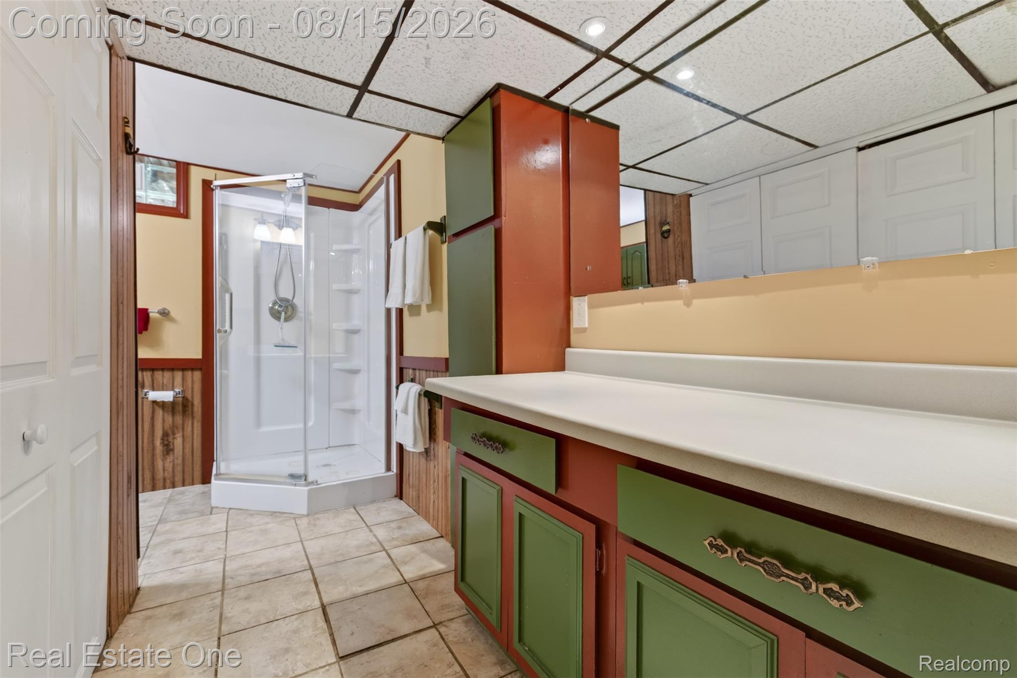 454 South Baldwin Road Oxford, MI 48371 - Photo 29 of 64 Corner shower with clear glass enclosure, tiled flooring, wood-finish wall paneling, built-in cabinetry with decorative hardware, and a drop ceiling with recessed lighting
