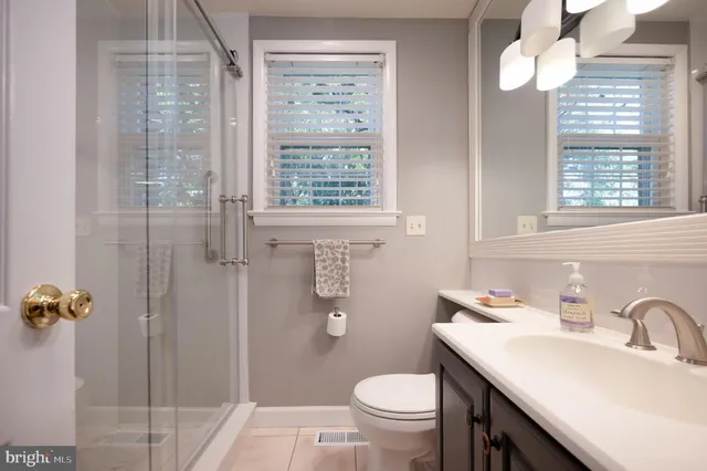 a bathroom with a sink vanity granite toilet and a shower
