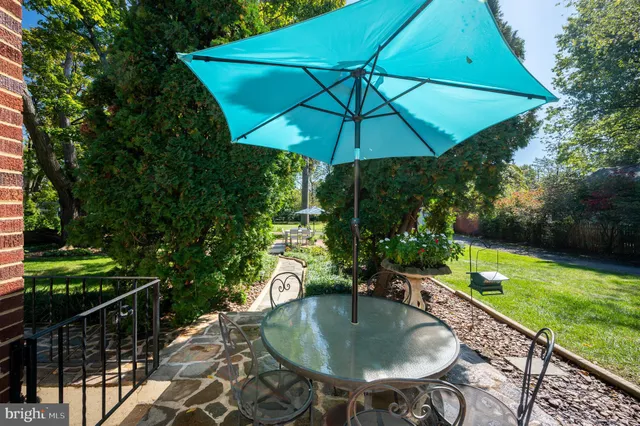 a view of a garden with a bench and trees