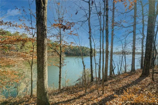 a view of a lake with wooden chairs and a bench