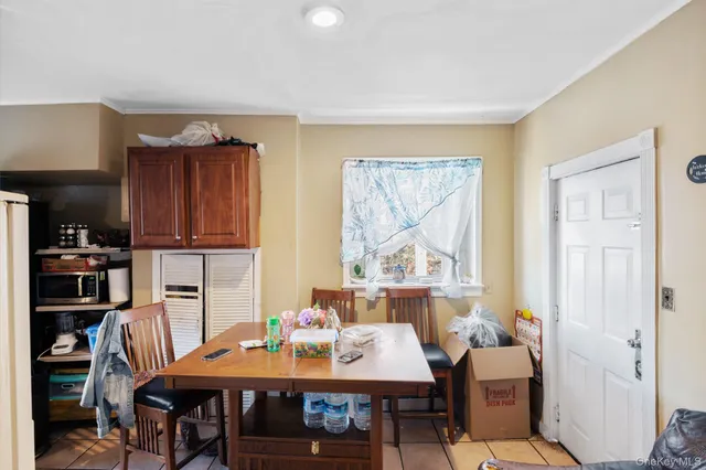 a view of a dining room with furniture