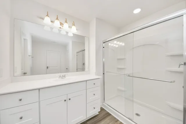 a bathroom with a shower sink vanity and a mirror