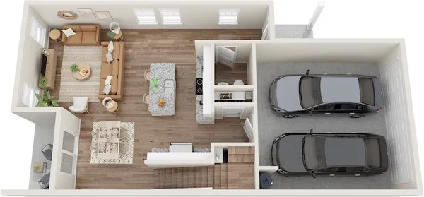 a living room with furniture and white wall painting