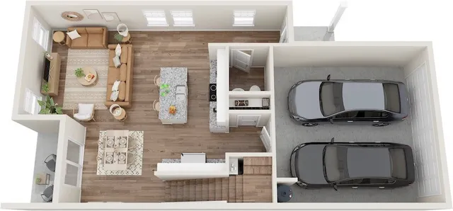 a living room with furniture and white wall painting