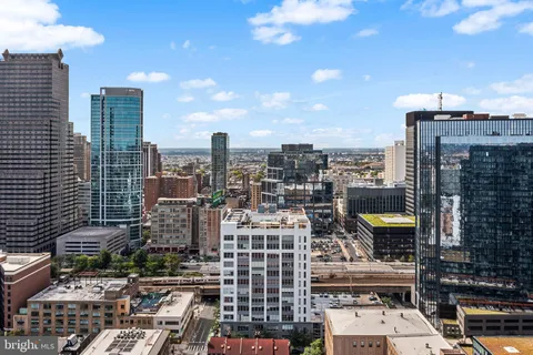 a city view with tall buildings