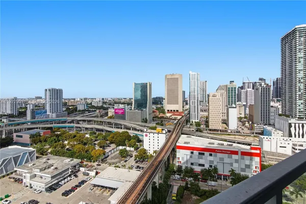 a city view with tall buildings
