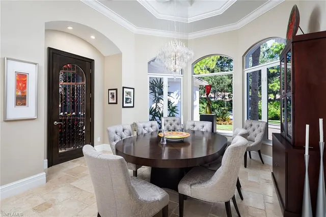 a view of a dining room with furniture wooden floor and chandelier