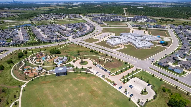 an aerial view of a swimming pool