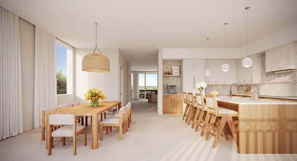 a dining room with furniture a chandelier and wooden floor