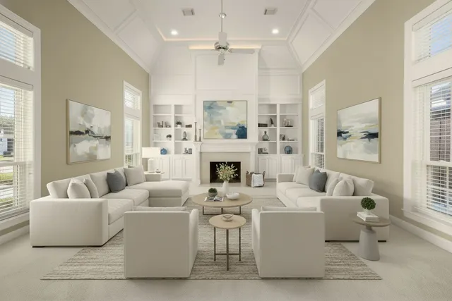 a living room with furniture and a fireplace