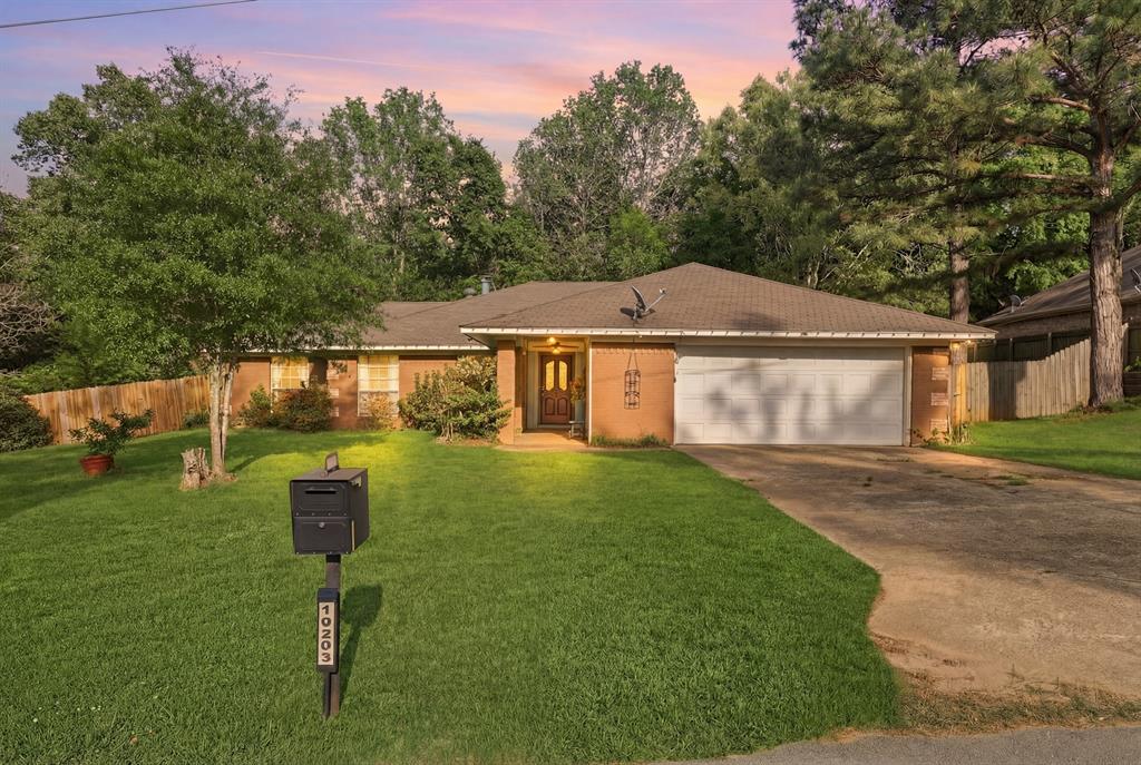 a view of a house with backyard and a tree