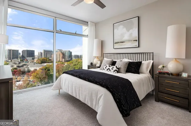 a view of a room with a large window