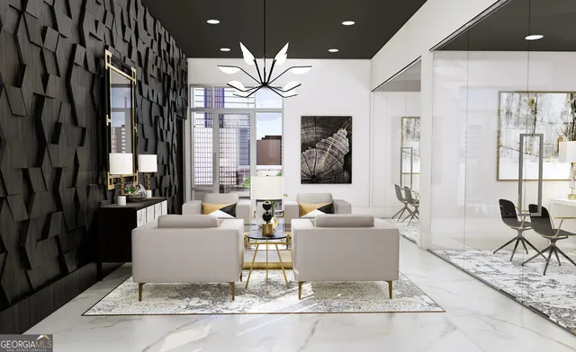 a living room with furniture a flat screen tv and a floor to ceiling window