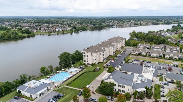 an aerial view of a city with mountains