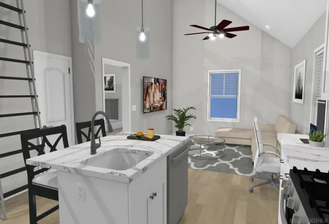 a kitchen with a refrigerator a stove top oven a sink dishwasher and white cabinets with wooden floor