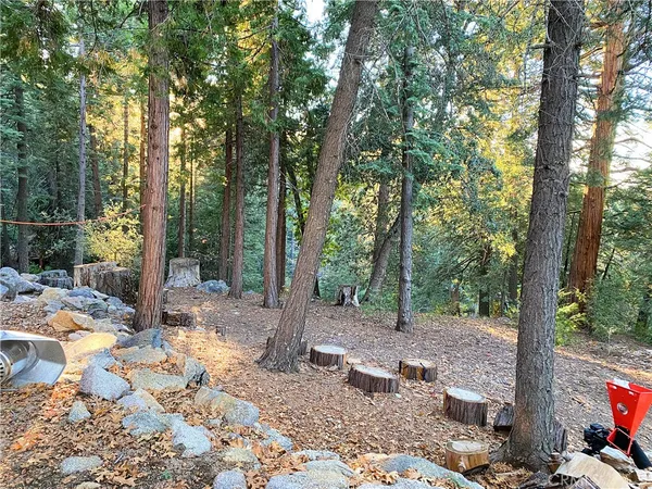 a wooden house with large trees and outdoor space