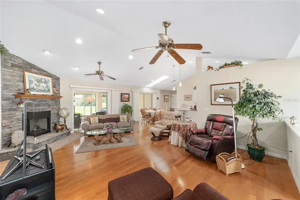 a living room with furniture and a table