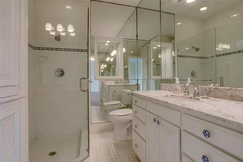 a bathroom with a granite countertop sink a toilet a large mirror and shower