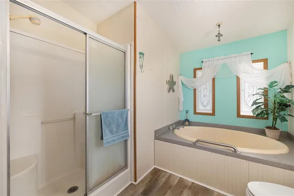 a bathroom with a granite countertop bathtub shower sink and mirror