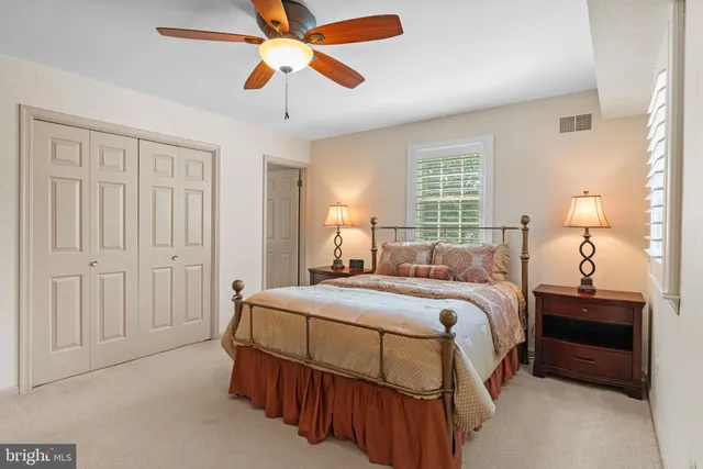 a bedroom with a bed a chandelier and a closet