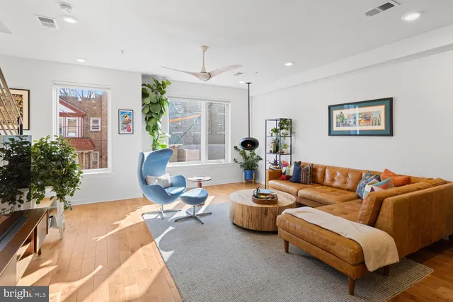 a living room with furniture a couch and a potted plant