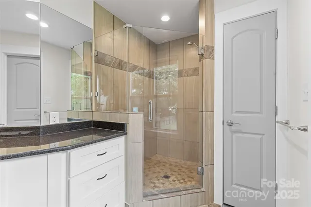 a bathroom with a granite countertop sink a shower and a mirror