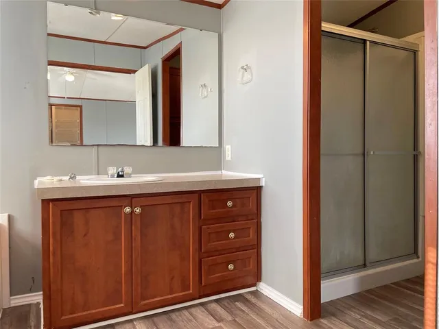 a bathroom with a sink and a mirror
