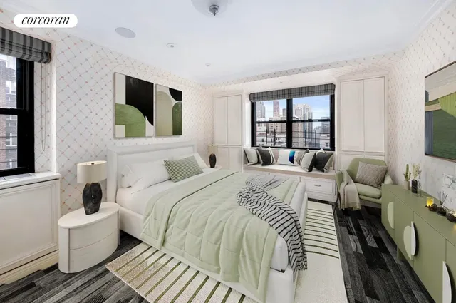 a bedroom with a large bed and a window