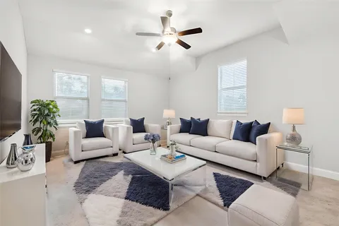 a living room with furniture and a rug