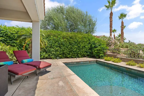 a view of a swimming pool with a patio and a garden