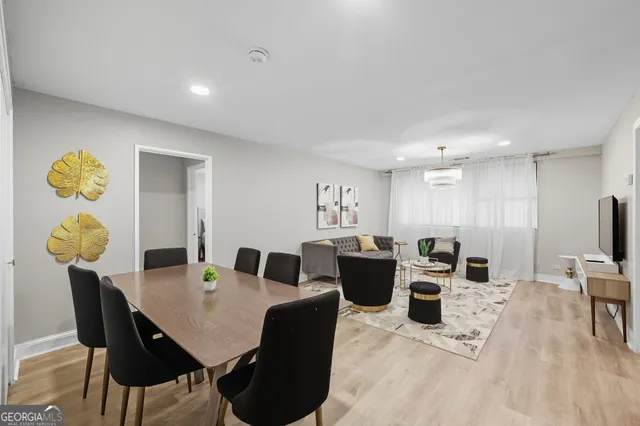 a view of a dining room with furniture
