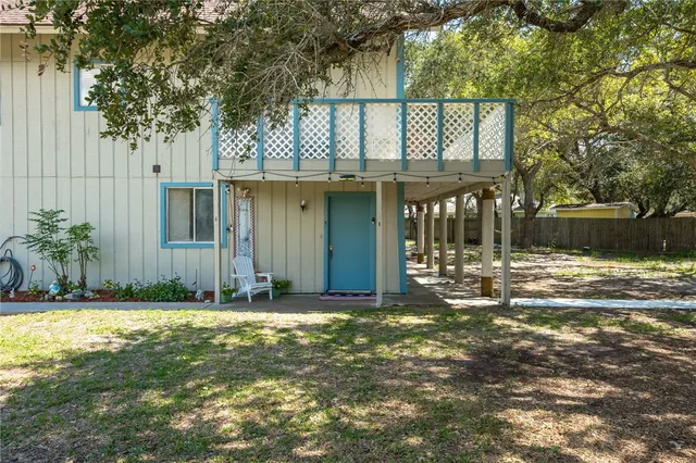 a view of a house with a small yard and a large tree