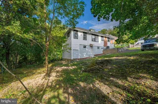 a backyard of a house with large trees and plants