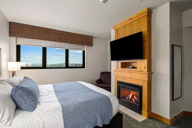 a bedroom with a bed and a television