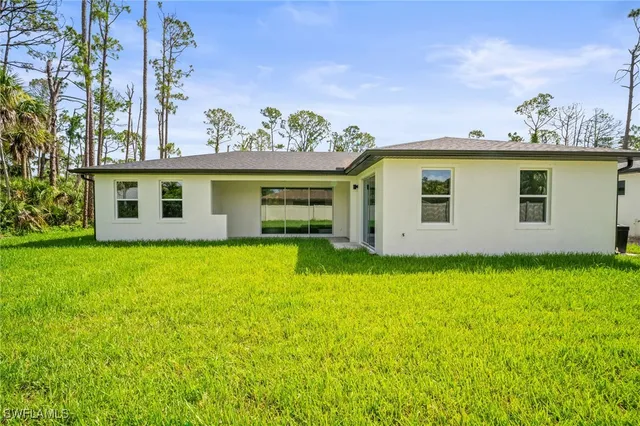 a view of a backyard with plants and large trees