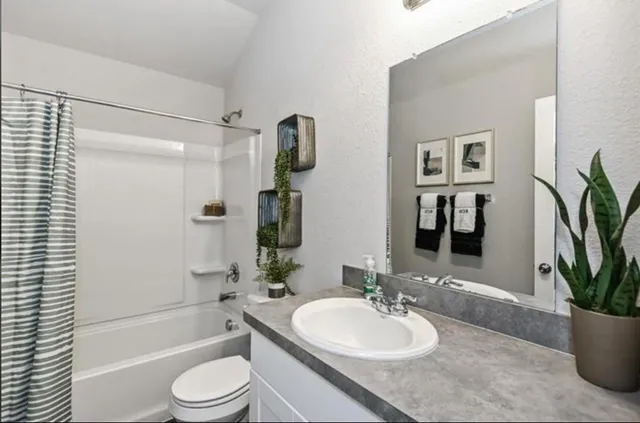 a bathroom with a granite countertop sink a toilet and shower