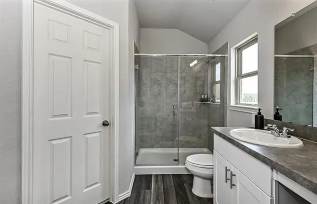 a bathroom with a granite countertop sink toilet and shower