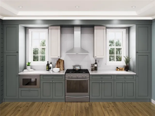 a kitchen with a sink stove and cabinets