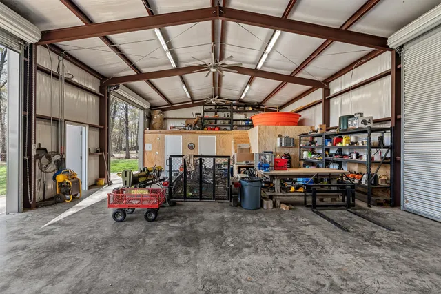 a view of a storage room with racks