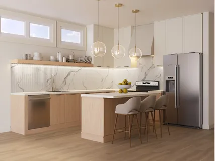 a kitchen with kitchen island a sink stove and refrigerator