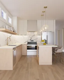 a kitchen with kitchen island granite countertop a sink a counter top space and stainless steel appliances
