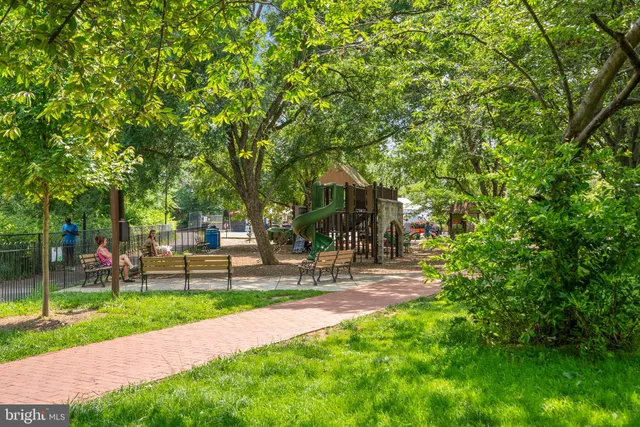 a garden view with a seating space