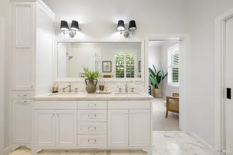 a bathroom with a sink a potted plant and a mirror