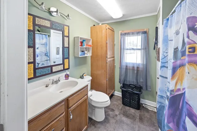 a bathroom with a double vanity sink mirror and toilet