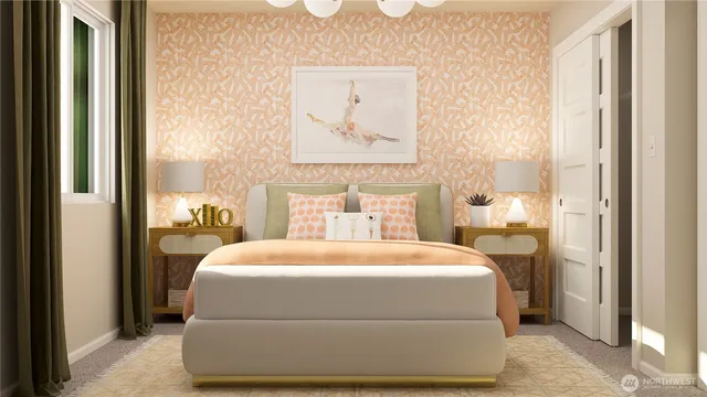 a bedroom with a bed and a painting on the wall