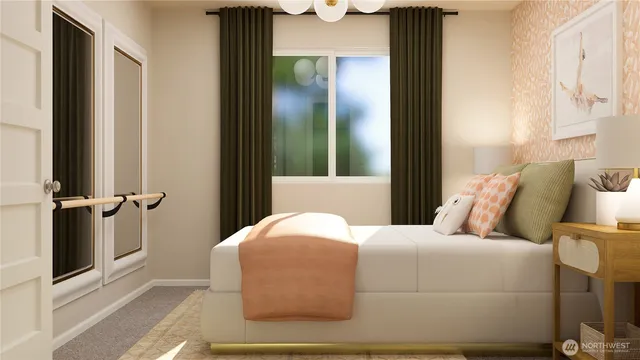 a bedroom with a bed and a mirror