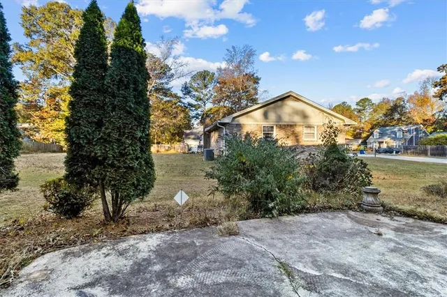 a view of a yard with plants and trees