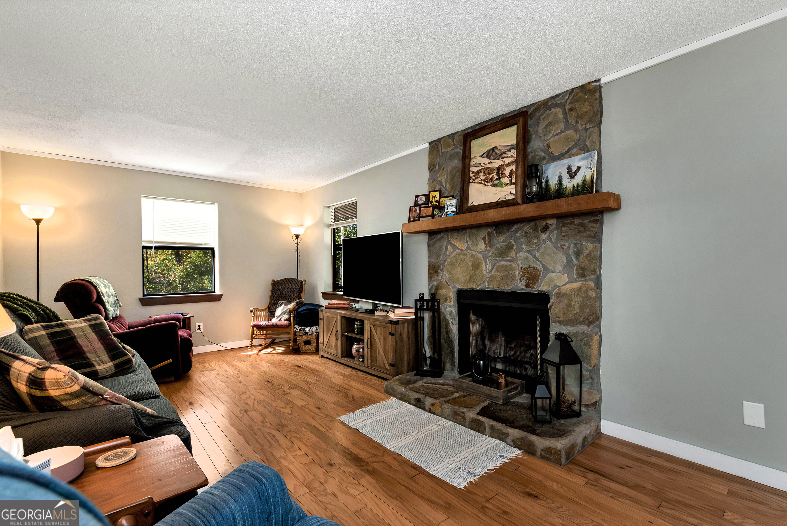 373 Jennys Cove Road Cleveland, GA 30528 - Photo 9 of 44 a living room with furniture a flat screen tv and a fireplace