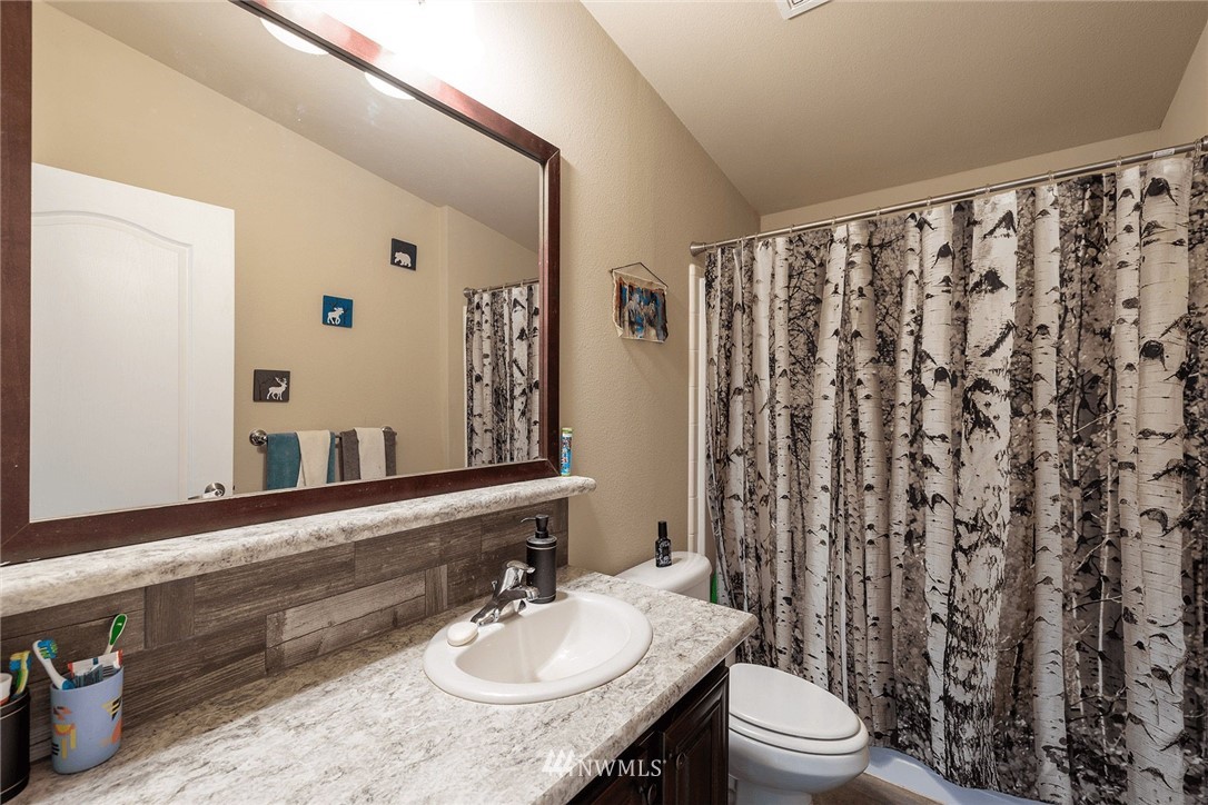 206 Senn Road Chehalis, WA 98532 - Photo 16 of 27 a bathroom with a sink a toilet and shower curtain